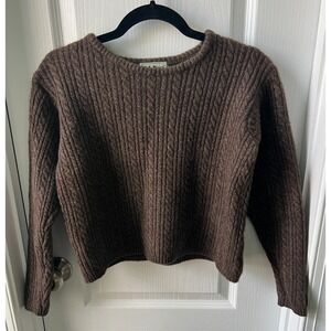 Vintage LL Bean Womens Sweater Cable Knit Brown Yak Hair Wool Crop Soft Size XS